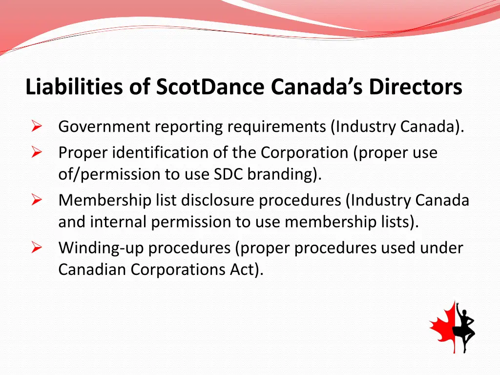 liabilities of scotdance canada s directors