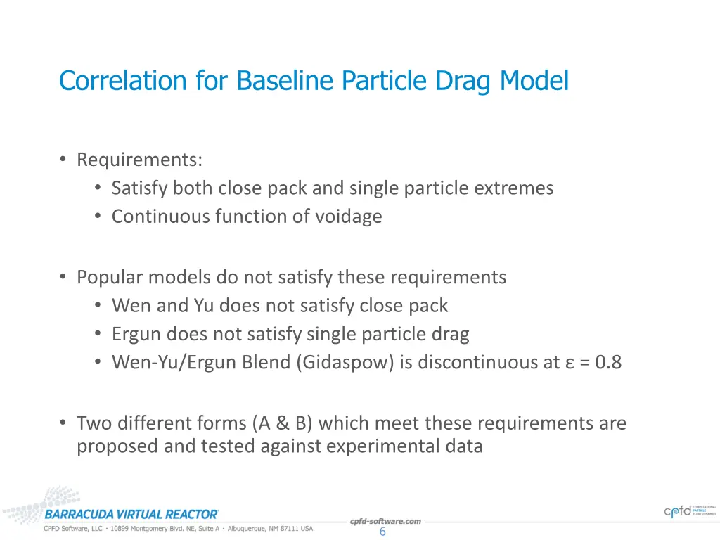correlation for baseline particle drag model