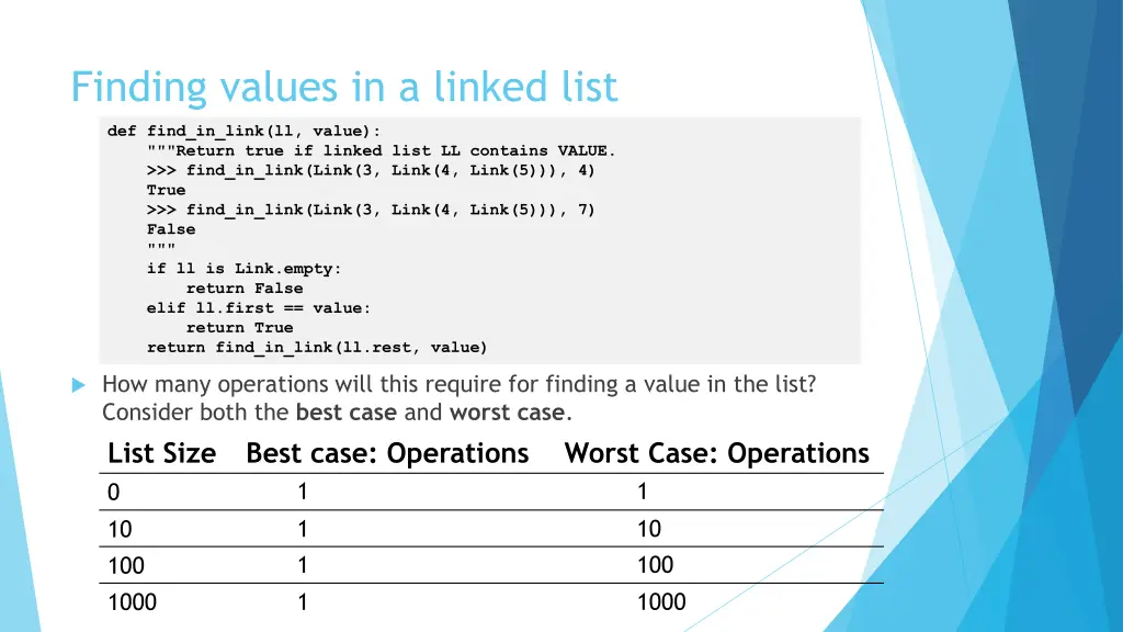 finding values in a linked list
