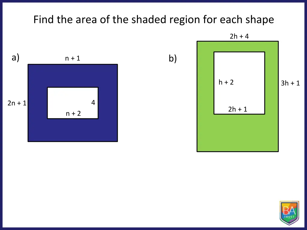 find the area of the shaded region for each shape