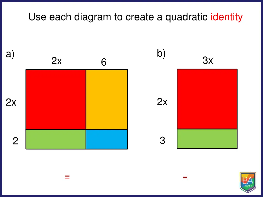 use each diagram to create a quadratic identity