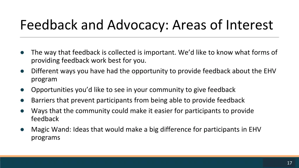 feedback and advocacy areas of interest