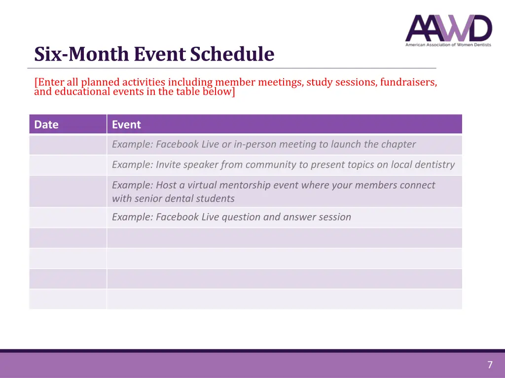six month event schedule