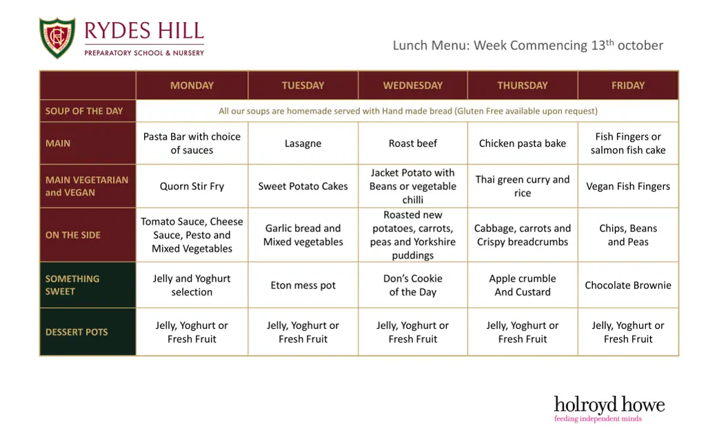lunch menu week commencing 13 th october