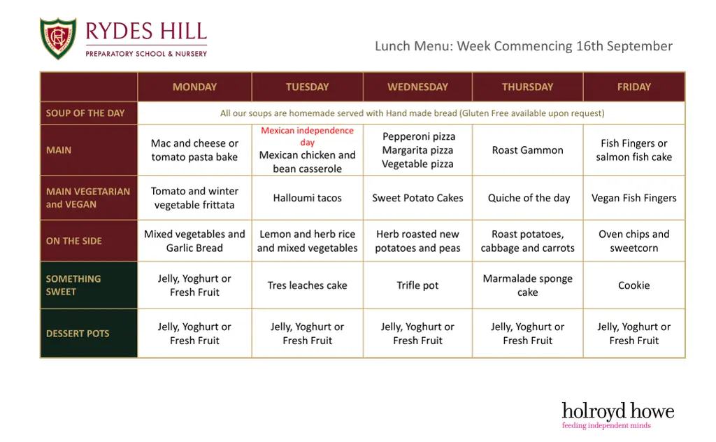 lunch menu week commencing 16th september
