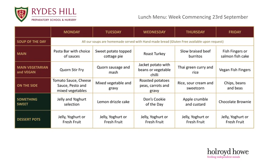 lunch menu week commencing 23rd september
