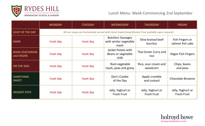 lunch menu week commencing 2nd september