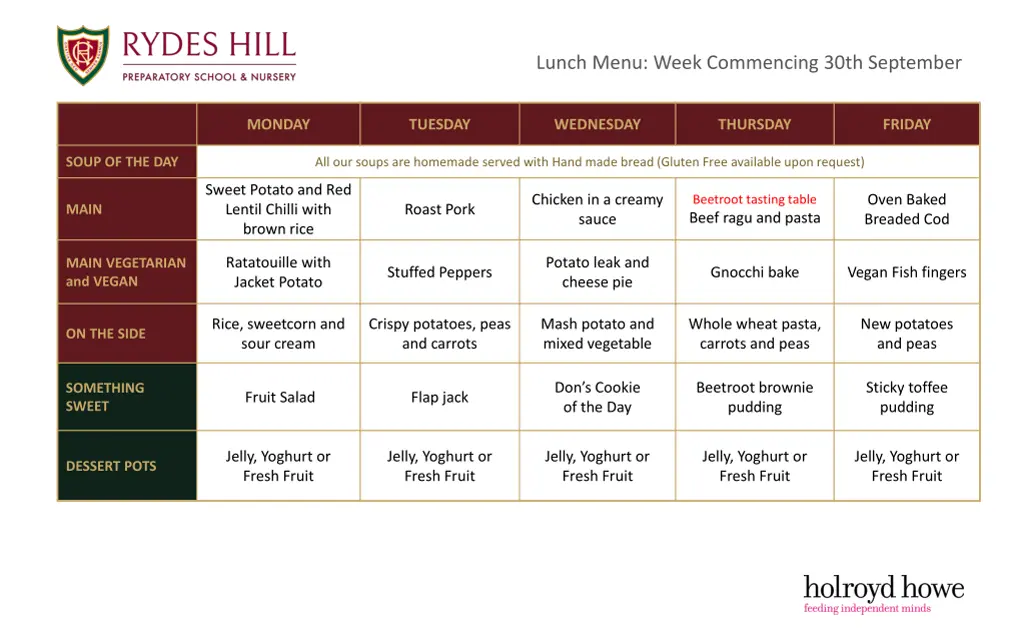 lunch menu week commencing 30th september
