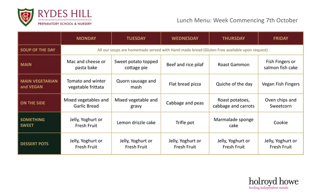 lunch menu week commencing 7th october