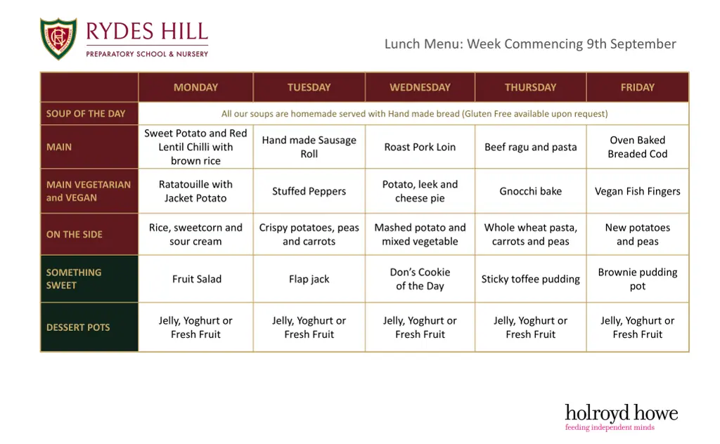 lunch menu week commencing 9th september