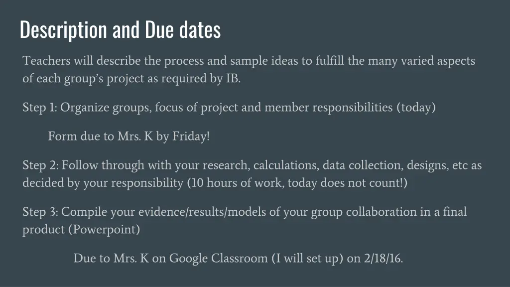description and due dates
