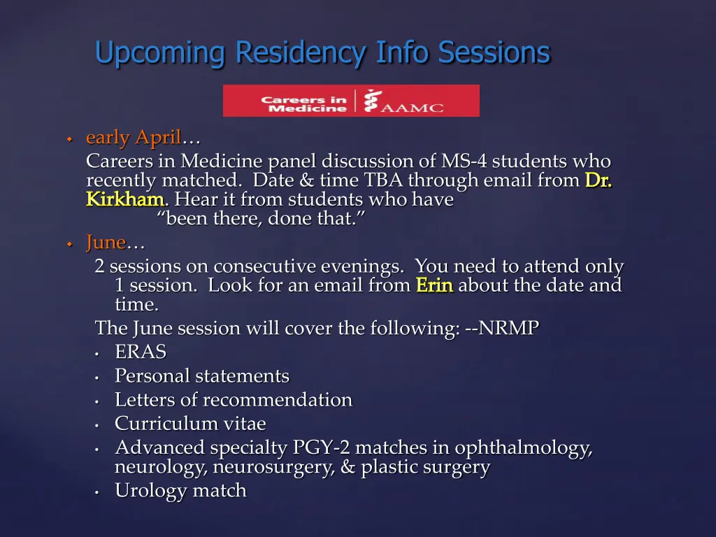 upcoming residency info sessions