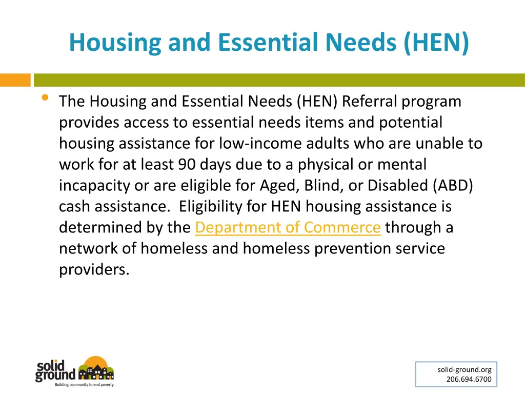 housing and essential needs hen
