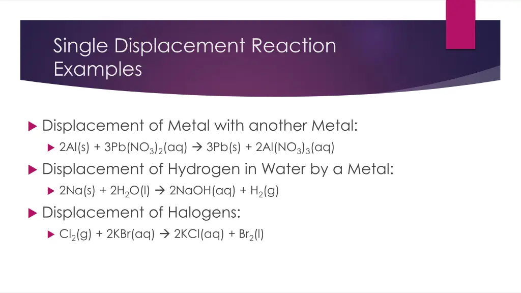 single displacement reaction examples