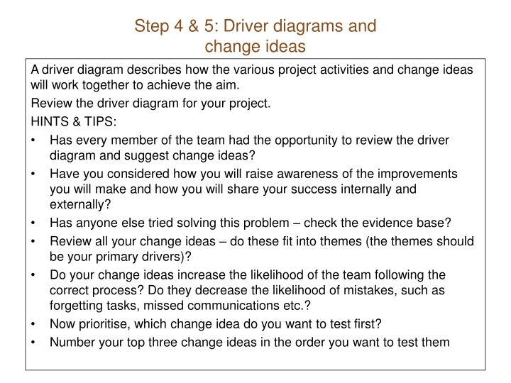 step 4 5 driver diagrams and change ideas