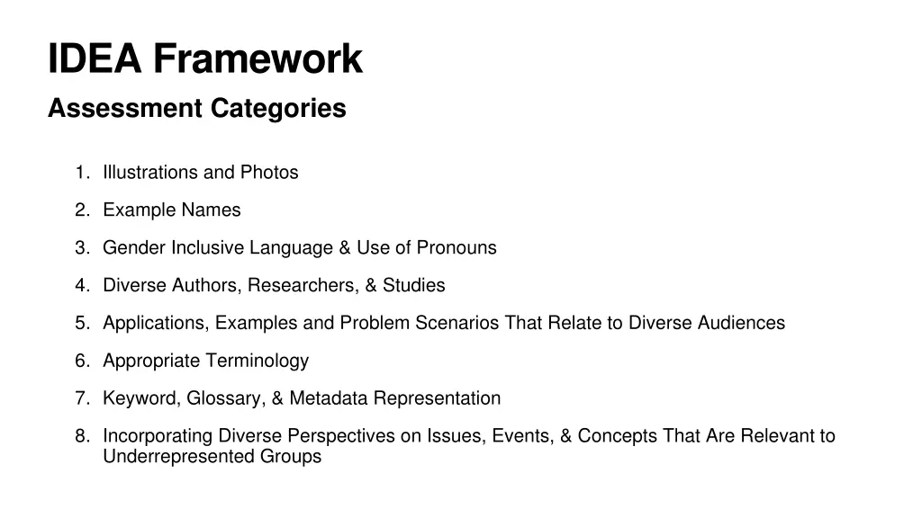 idea framework assessment categories