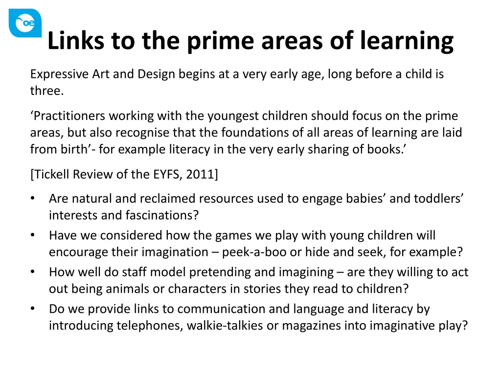links to the prime areas of learning