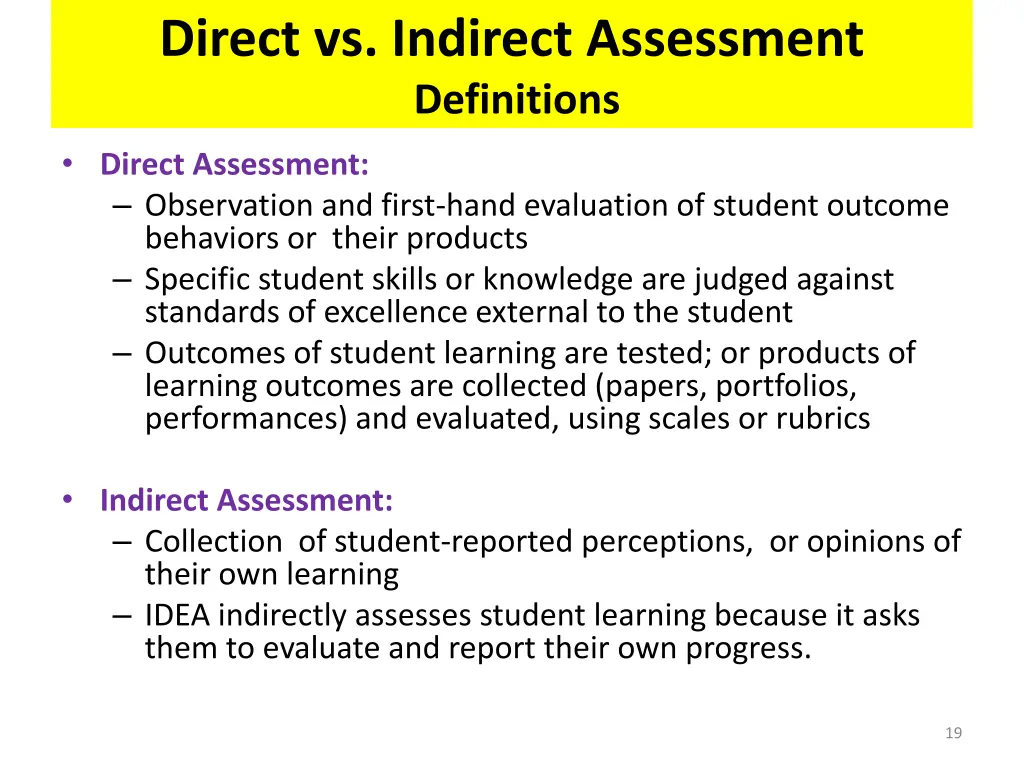 direct vs indirect assessment definitions