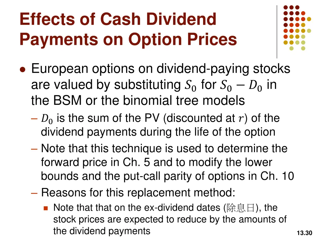 effects of cash dividend payments on option prices