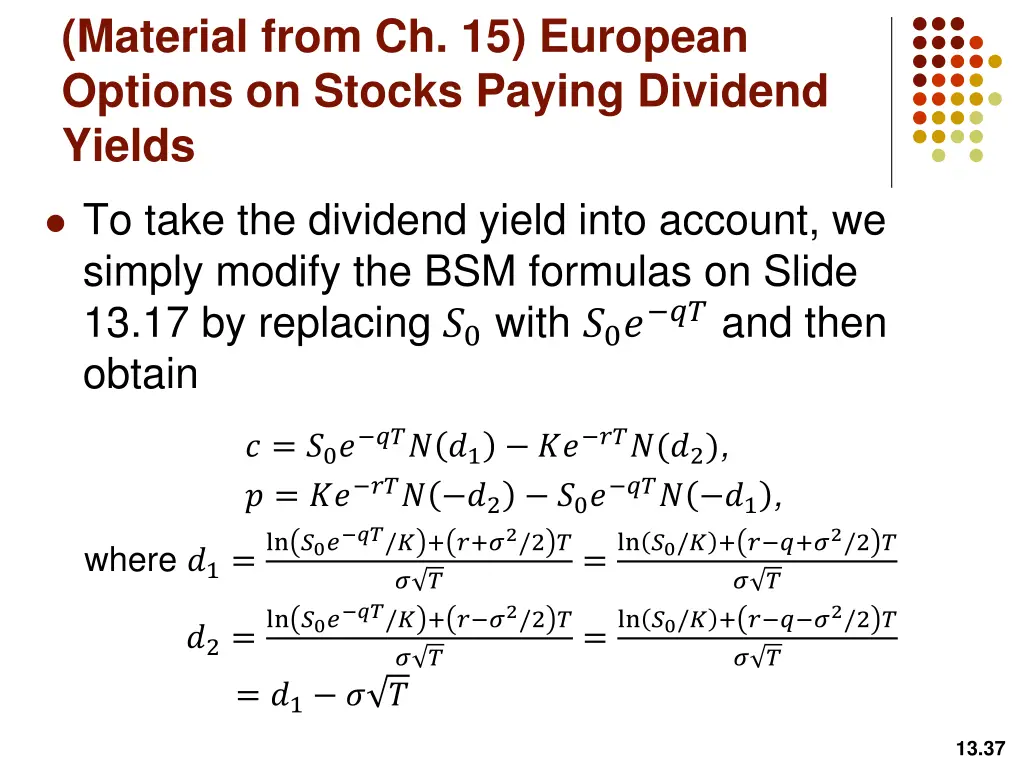 material from ch 15 european options on stocks
