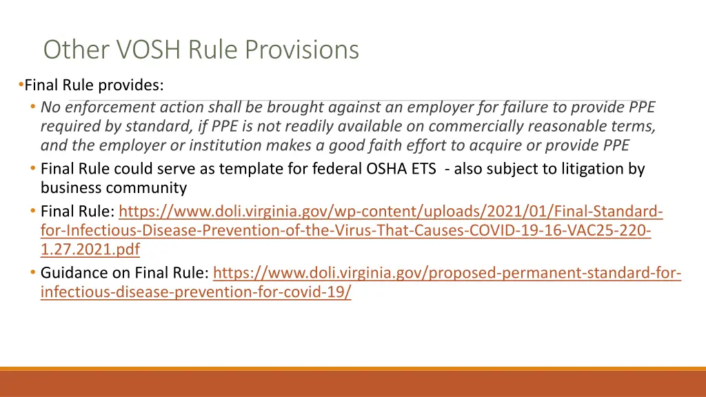 other vosh rule provisions final rule provides