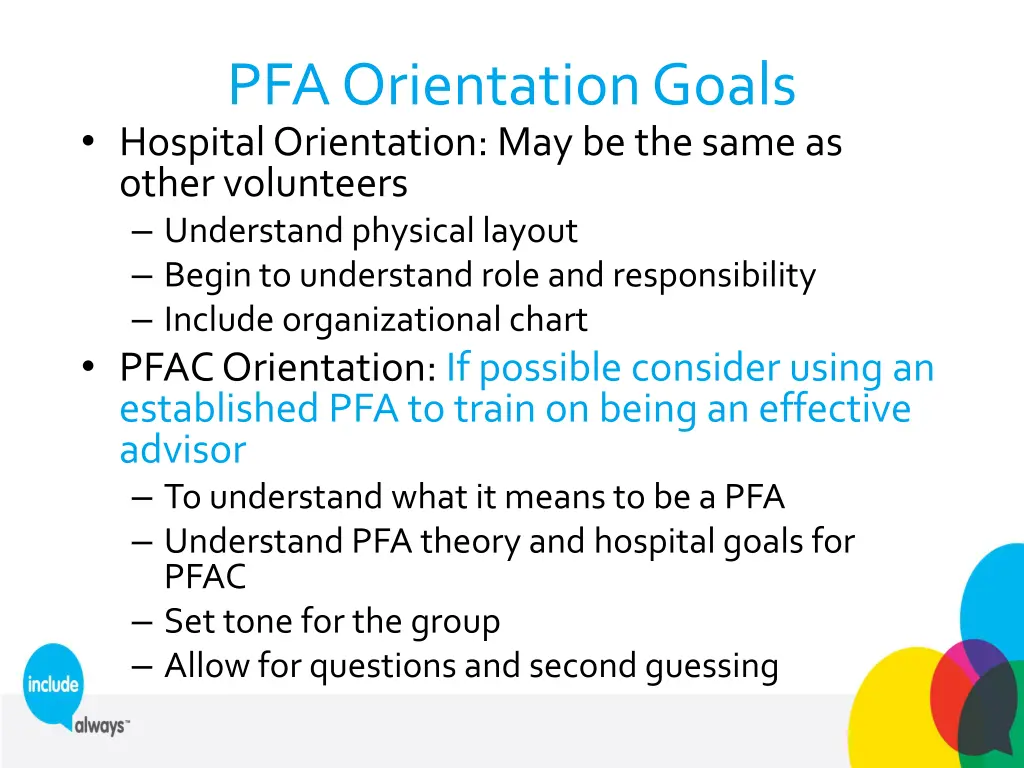 pfa orientation goals hospital orientation