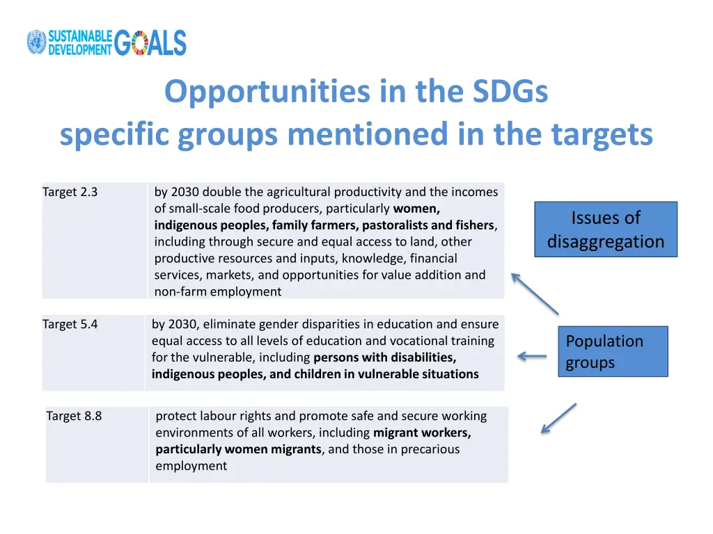 opportunities in the sdgs specific groups