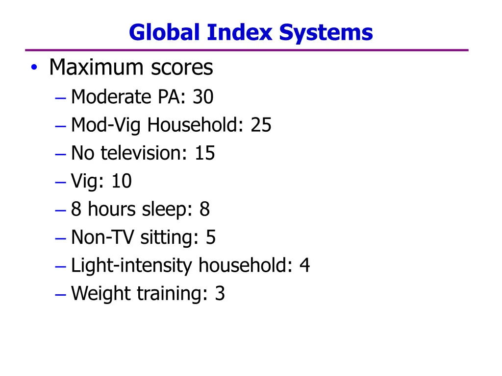 global index systems maximum scores moderate