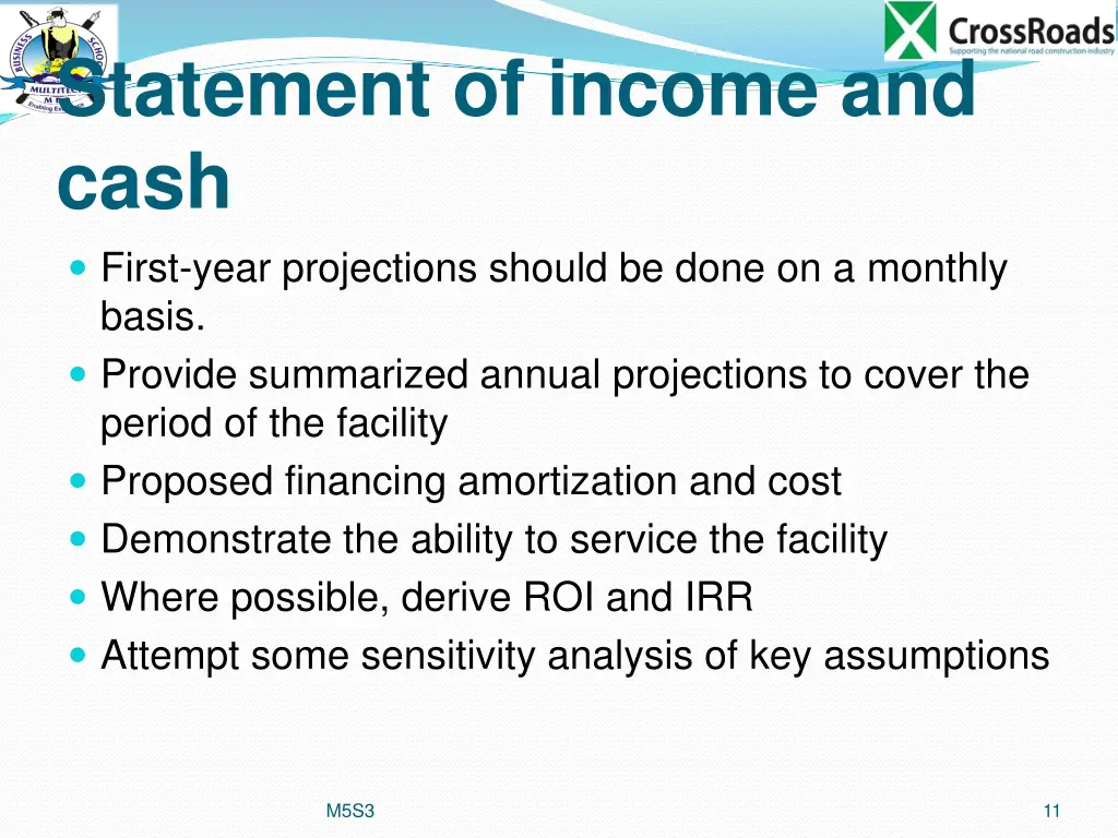 statement of income and cash first year
