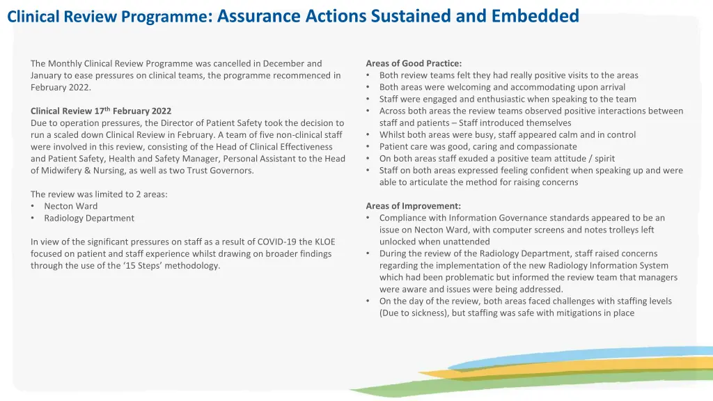 clinical review programme assurance actions