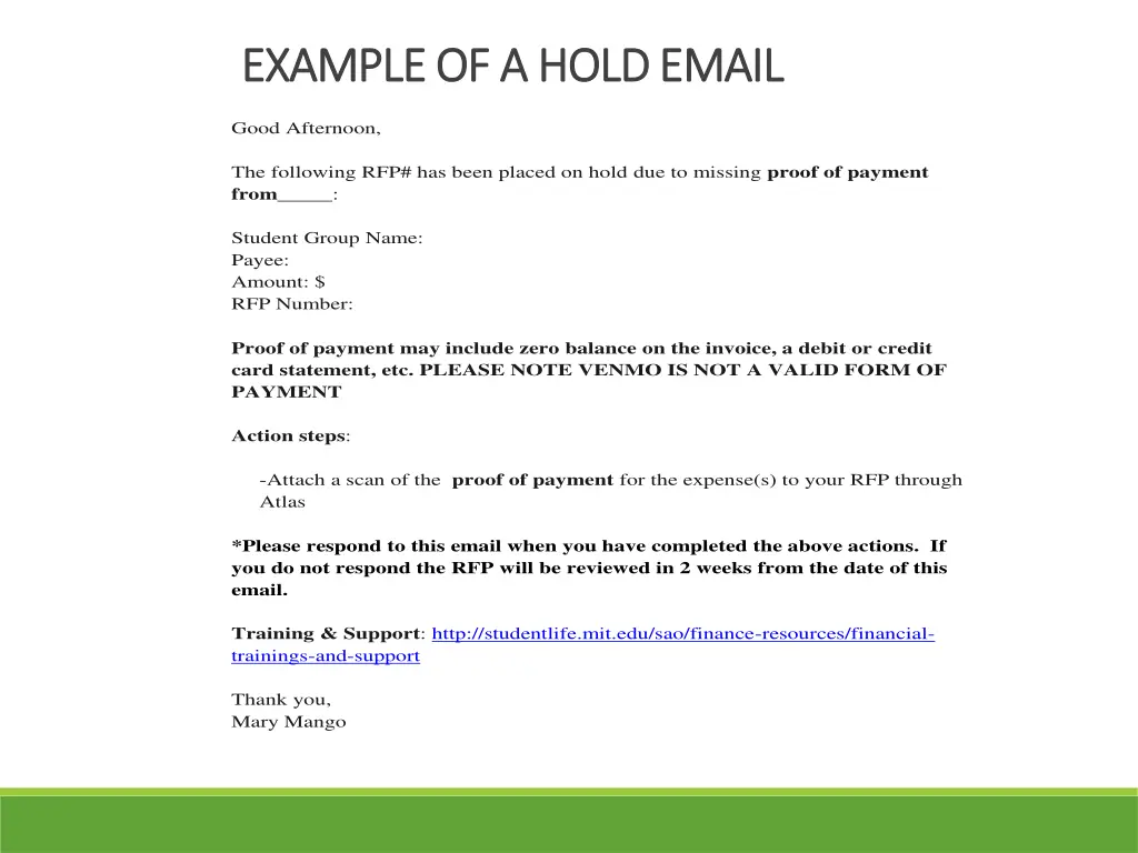 example of a hold email example of a hold email