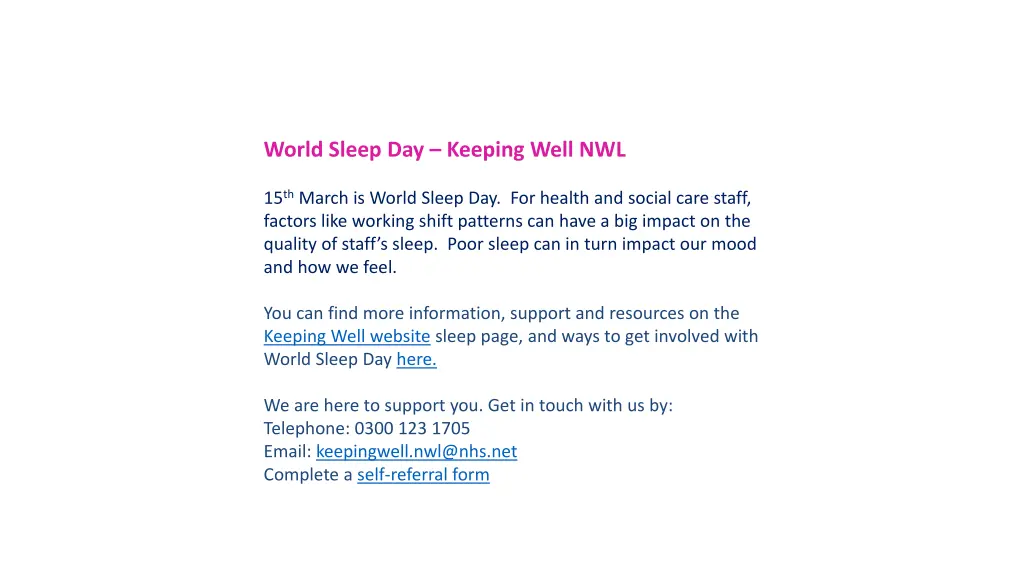 world sleep day keeping well nwl