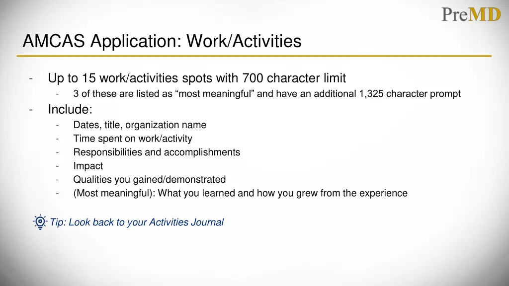 amcas application work activities