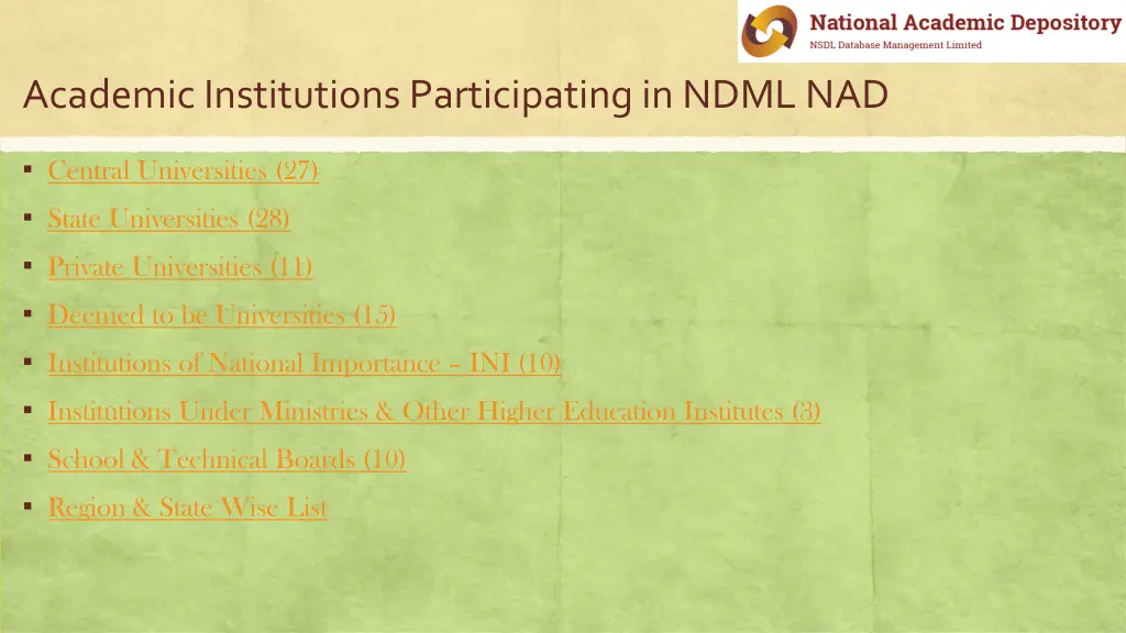 academic institutions participating in ndml nad