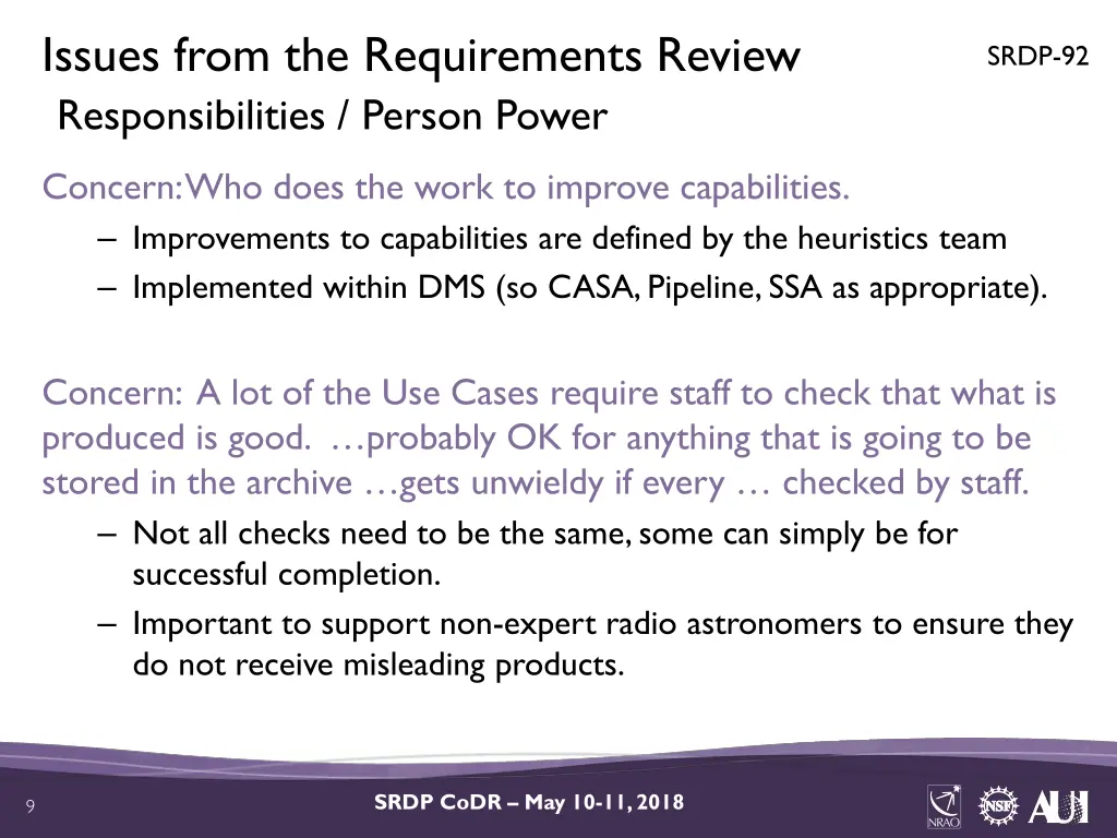 issues from the requirements review