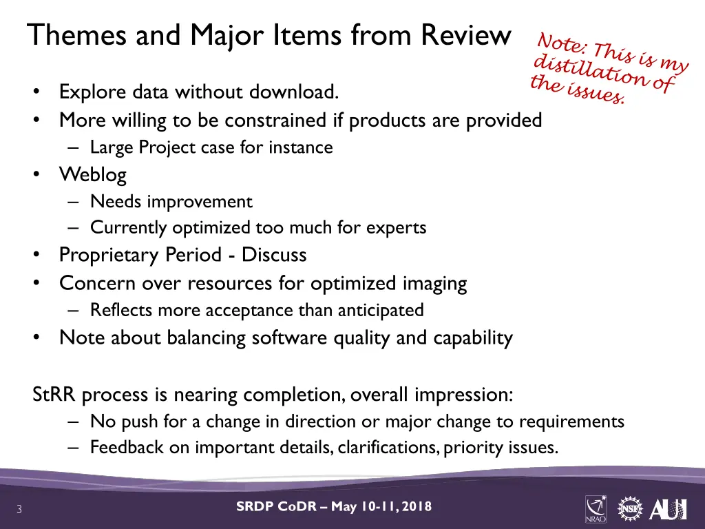 themes and major items from review