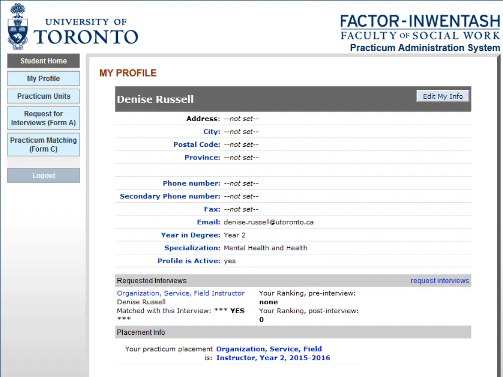 information populated from admissions record 1