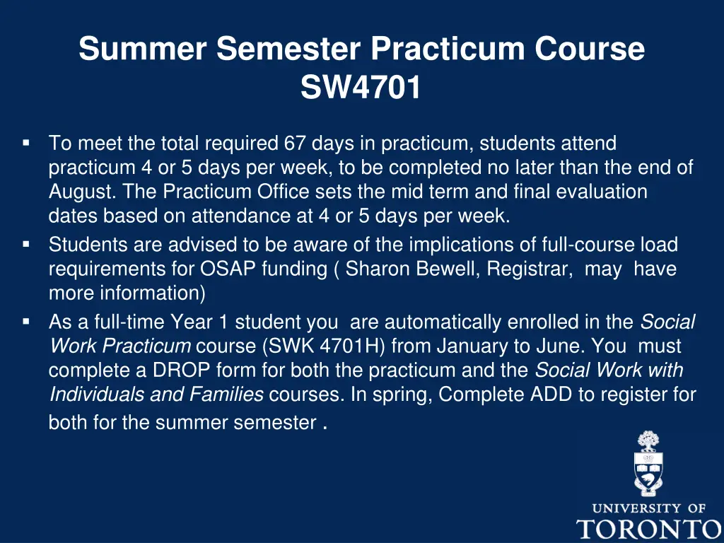summer semester practicum course sw4701