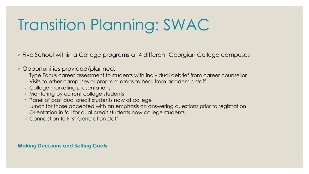 transition planning swac