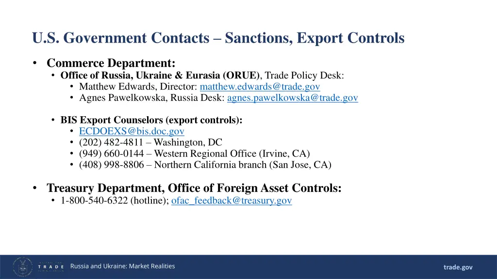 u s government contacts sanctions export controls