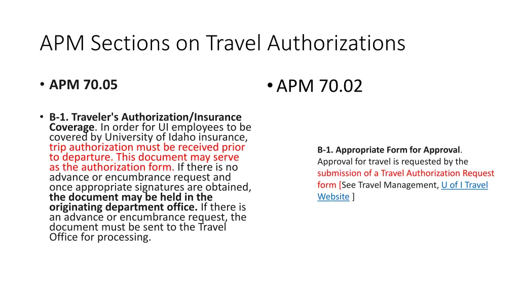 apm sections on travel authorizations