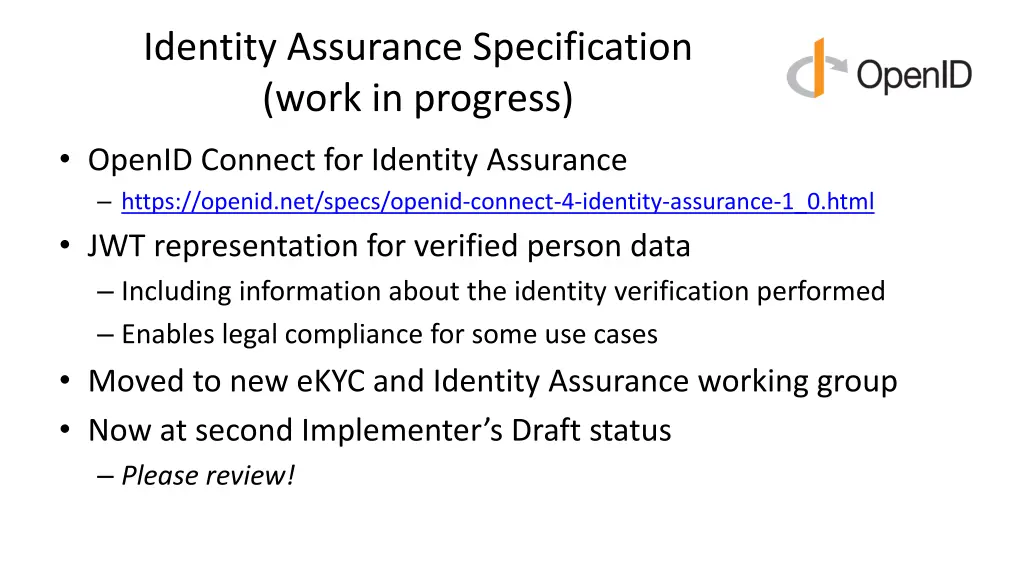 identity assurance specification work in progress