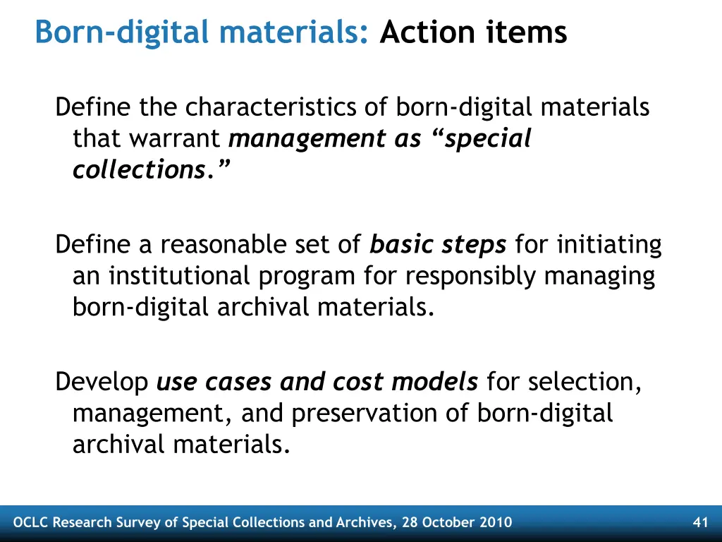 born digital materials action items