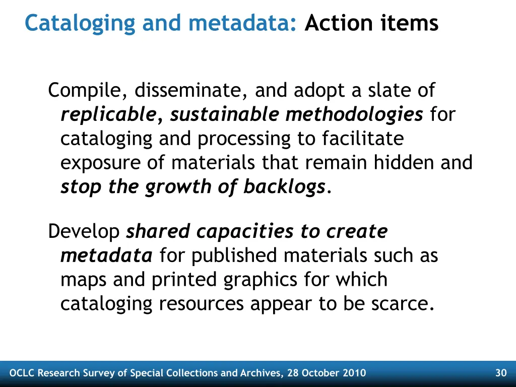cataloging and metadata action items