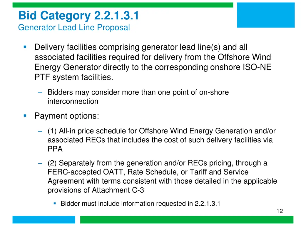 bid category 2 2 1 3 1 generator lead line