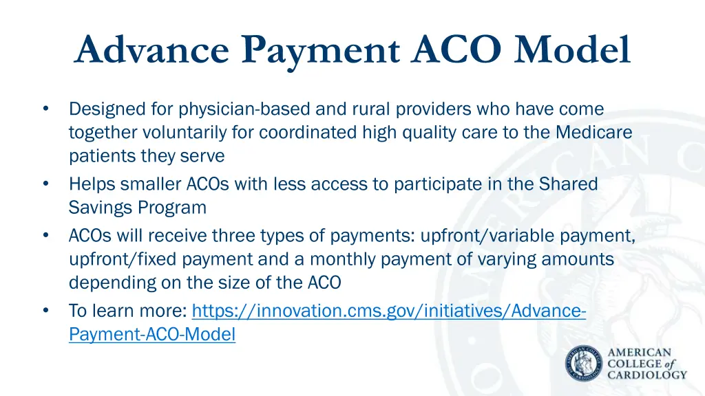 advance payment aco model