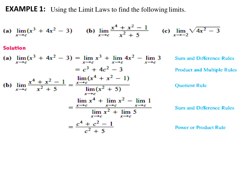 example1 using the limit laws to find