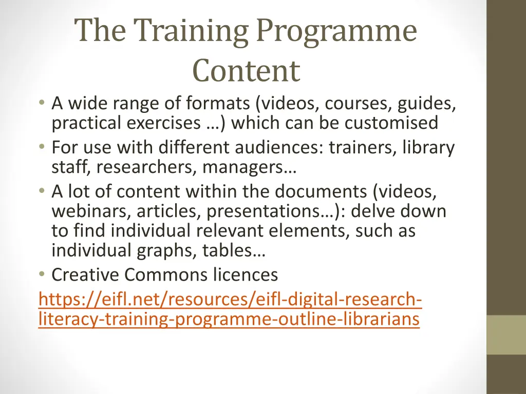 the training programme content a wide range