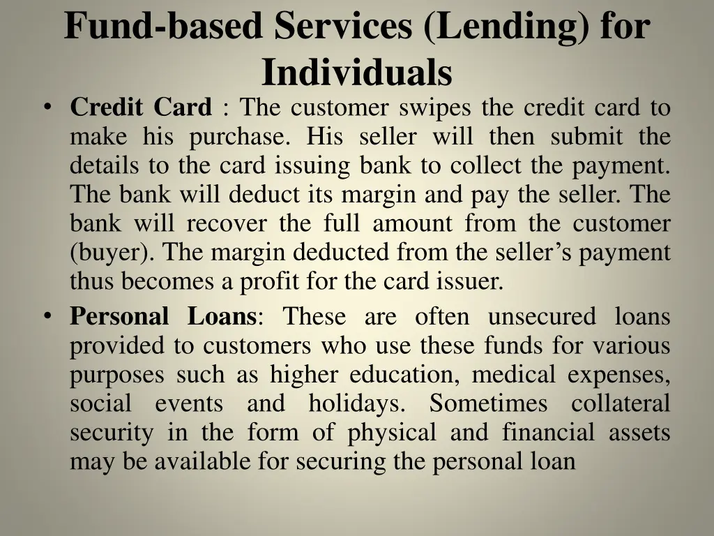 fund based services lending for individuals