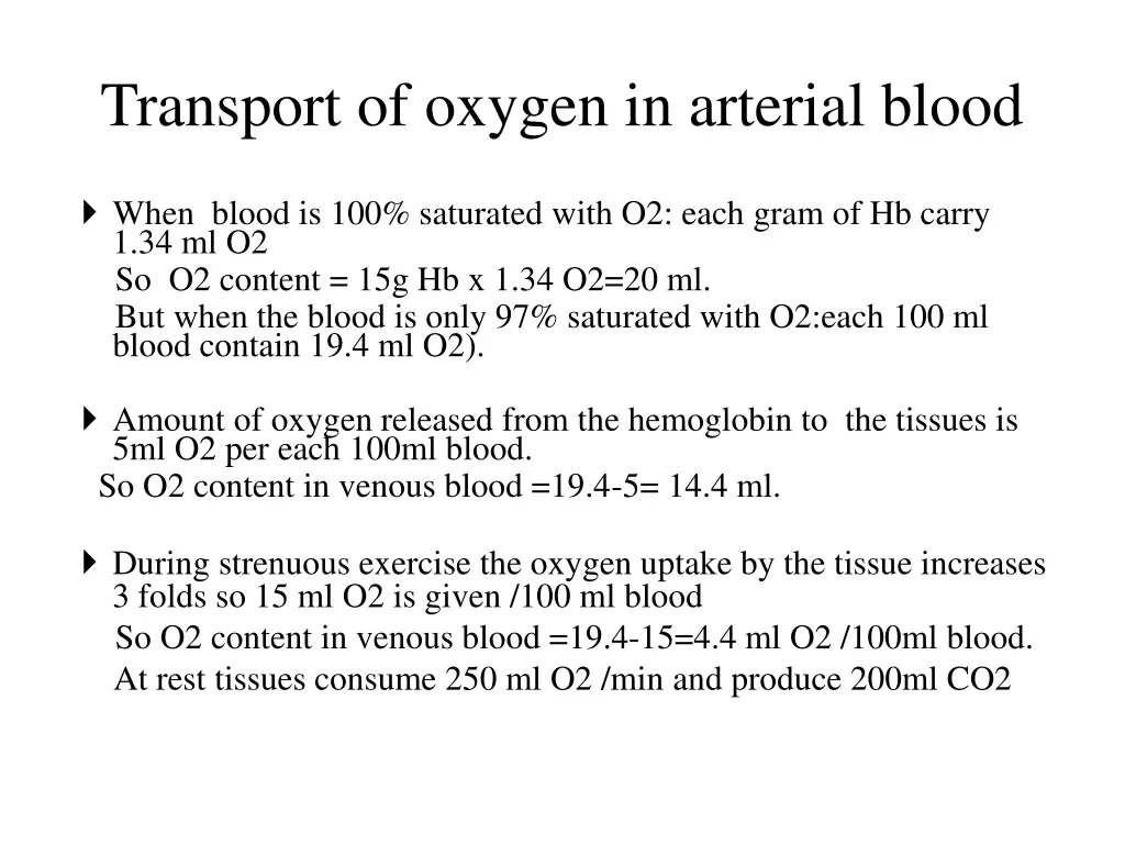 transport of oxygen in arterial blood